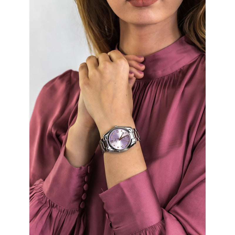 Reloj De Mujer Festina Boyfriend Con Piedras De Acero F16790 Color Del Fondo Lila Claro Color De La Malla Plateado Color Del Bisel Plateado Rosa