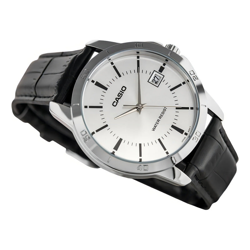 Reloj Pulsera Casio Mtp-v004l-7a Con Correa De Cuero Color Negro - Fondo Blanco - Bisel Plata