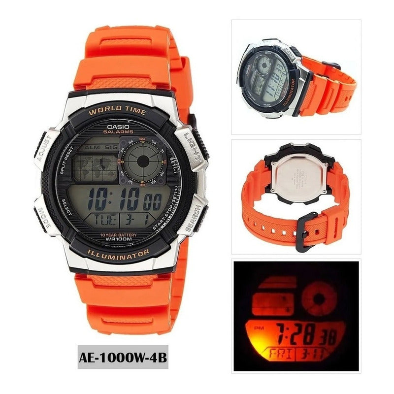 Reloj Casio Digital Ae-1000w-4b Relojesymas Naranja Negro