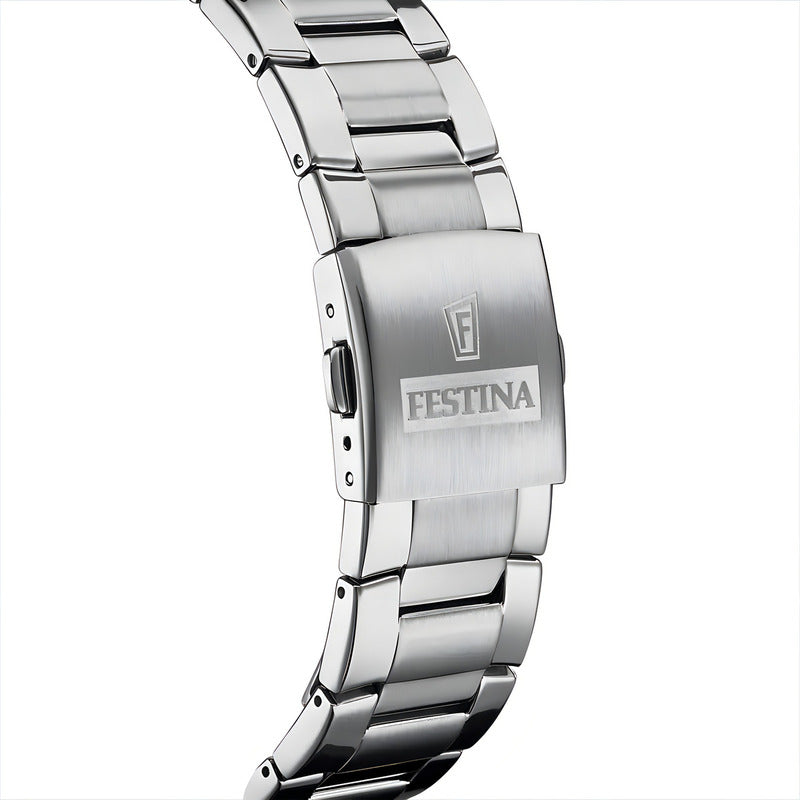 Reloj Pulsera Festina F20463 Con Correa De Acero Inoxidable Color Plateado - Fondo Azul