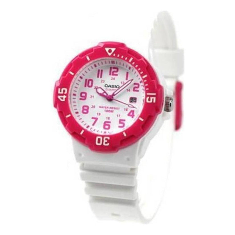 Reloj Casio Analógico Para Mujer Lrw-200h-4bv Blanco Con Detalles Fucsia