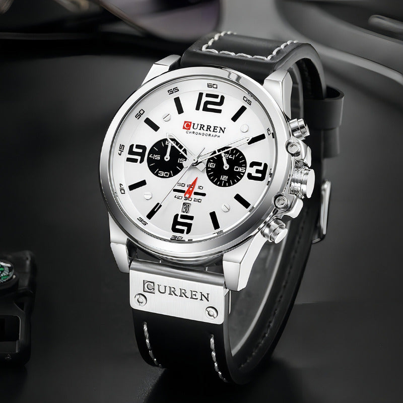Reloj De Cuero De Lujo Curren Para Hombre Chronograph 8314-1 Color Del Bisel Blanco Negro