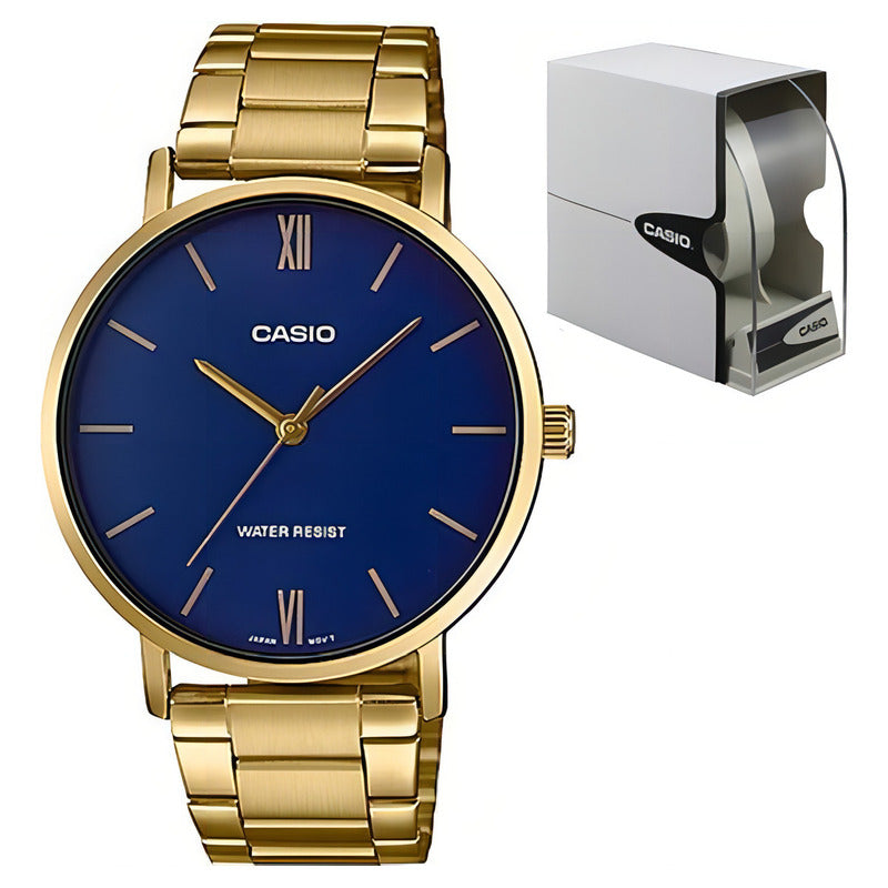 Reloj Casio Enticer Series Mtp-vt01g-2budf Color De La Correa Dorado Color Del Bisel Dorado Color Del Fondo Azul