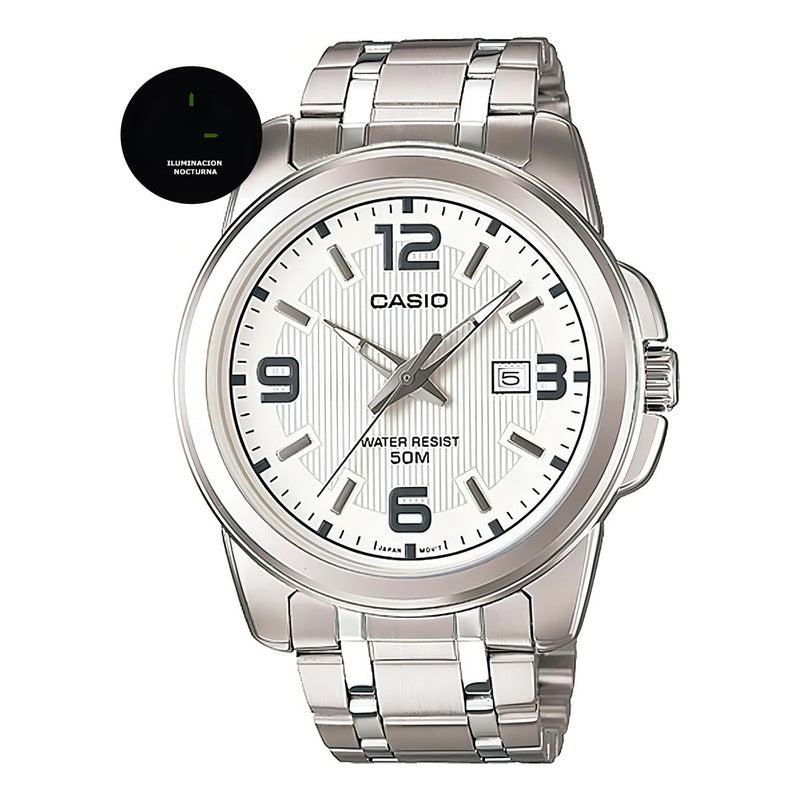 Reloj Pulsera Casio Mtp-1314d-1a Con Correa De Acero Inoxidable Color Plateado - Fondo Negro