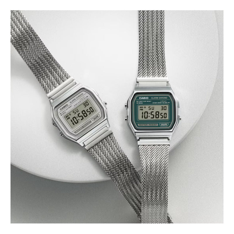 Reloj Casio Vintage A158wem7dg De Acero Inoxidable Con Malla Trenzada Y Alarma Plateado Gris Beige