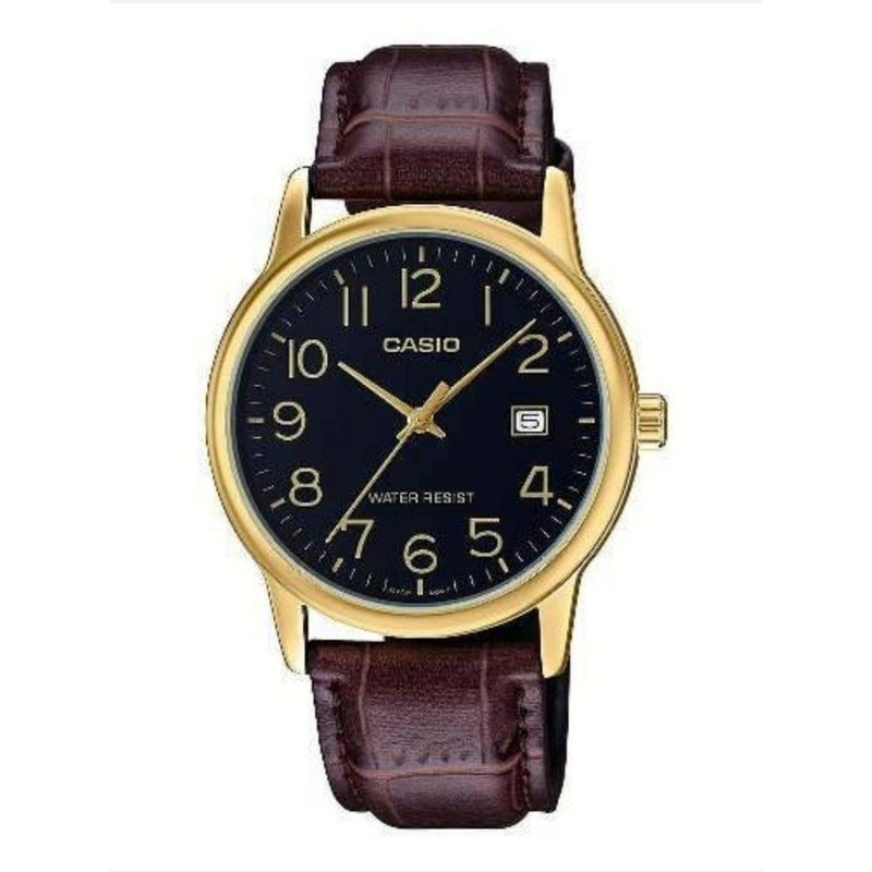Reloj Pulsera Casio Mtp-v002gl-1b Con Correa De Cuero Color Marrón - Fondo Negro - Bisel Dorado