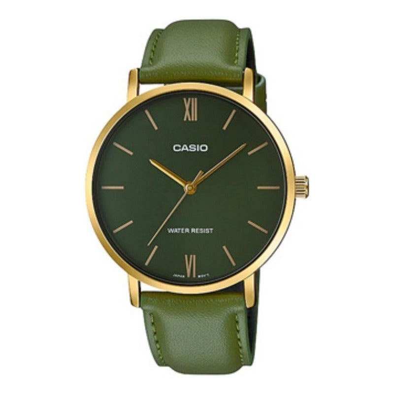 Reloj Pulsera Casio Mtp-vt01gl-3b Con Correa De Cuero Color Verde - Bisel Dorado