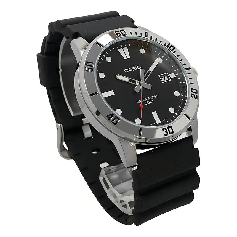 Reloj Casio Hombre Mtp-vd01-1e Resina Color De La Correa Negra Color Del Bisel Plateado Color Del Fondo Negro