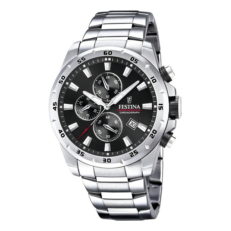 Reloj Pulsera Festina F20463 Con Correa De Acero Inoxidable Color Plateado - Fondo Negro