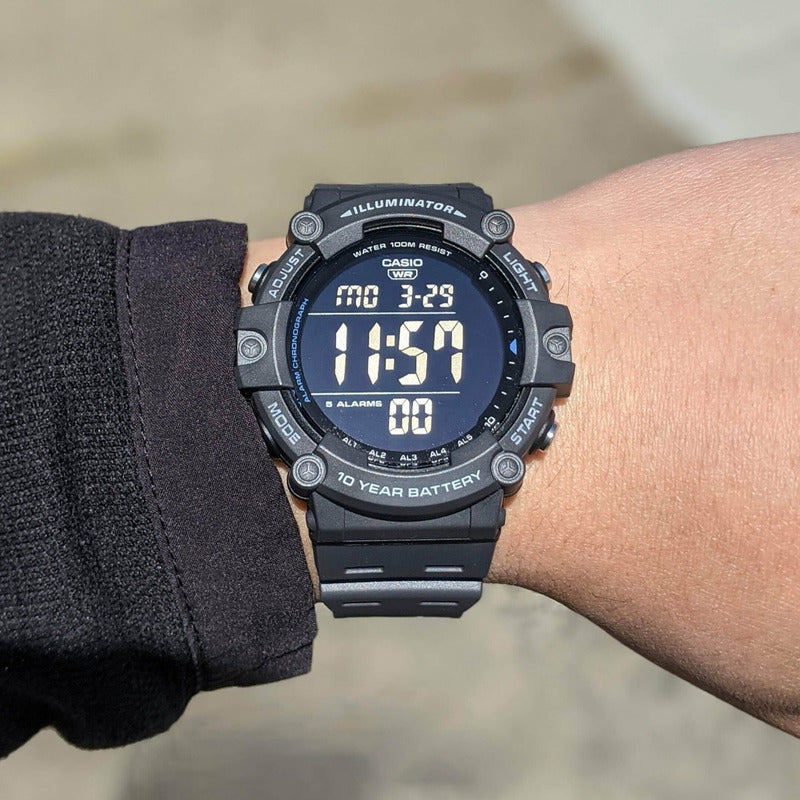 Reloj Casio Ae-1500wh-8bvdf Con Iluminación Digital Para Hombre, Correa Negra, Bisel Negro, Fondo Negro