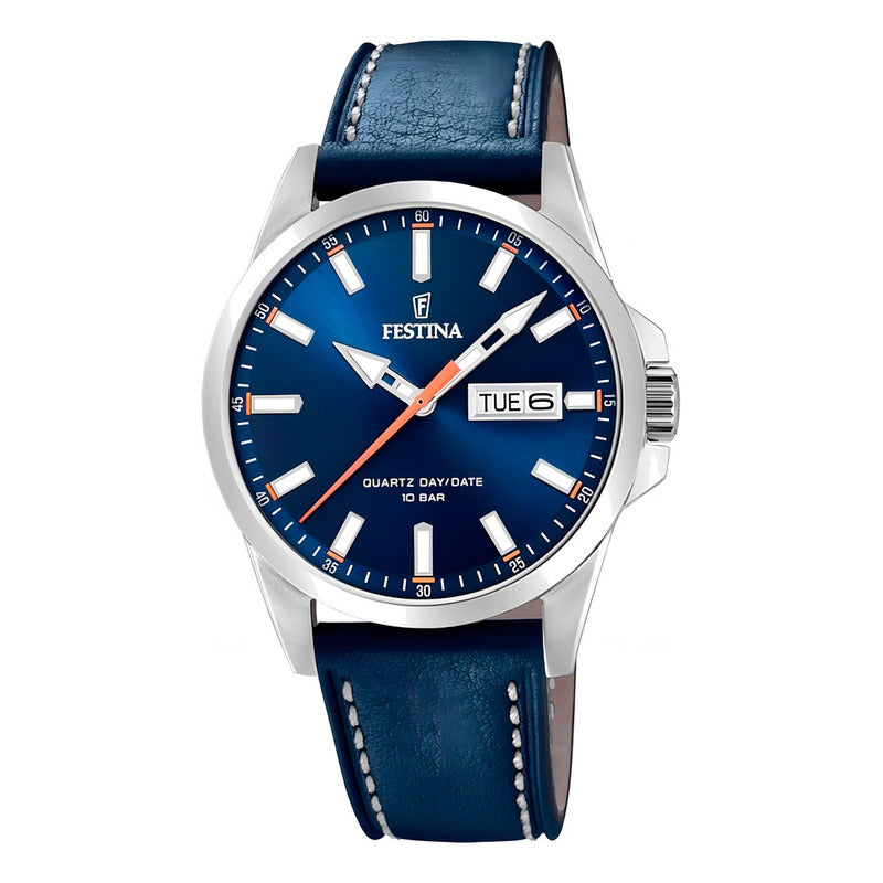 Reloj Pulsera Festina F20358-3 Con Correa De Cuero Color Azul - Bisel Plata