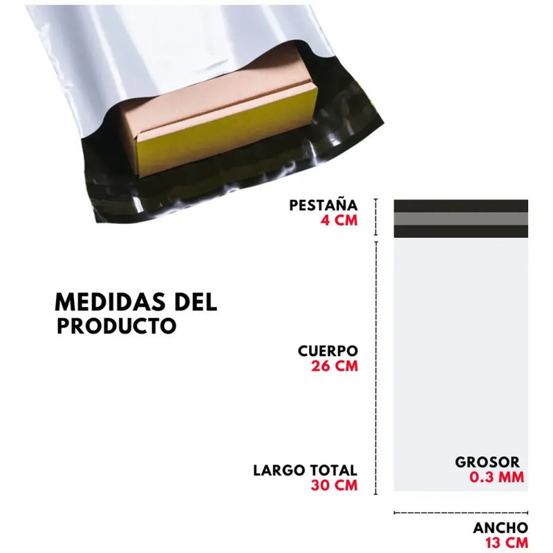 100 Bolsa Sobre Seguridad Poly Envio Paqueteria Flyer Mensajeria E-commerce Sellado Impermeable Blanco Liso 13x26