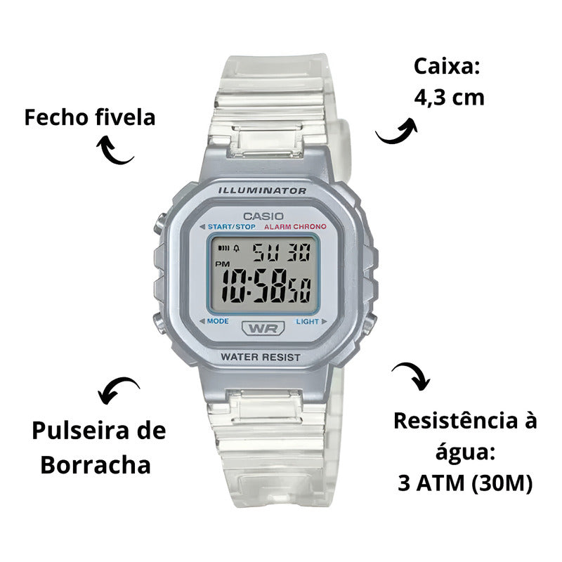 Reloj Casio Juvenil Dama La-20whs-7a Color De La Malla Transparente Plateado Blanco