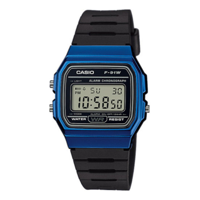 Reloj De Pulsera Casio Collection F-91wm-2a De Cuerpo Color Azul, Digital, Para Hombre, Fondo Gris, Con Correa De Resina Color Negro, Dial Negro, Bisel Color Negro Y Hebilla Simp