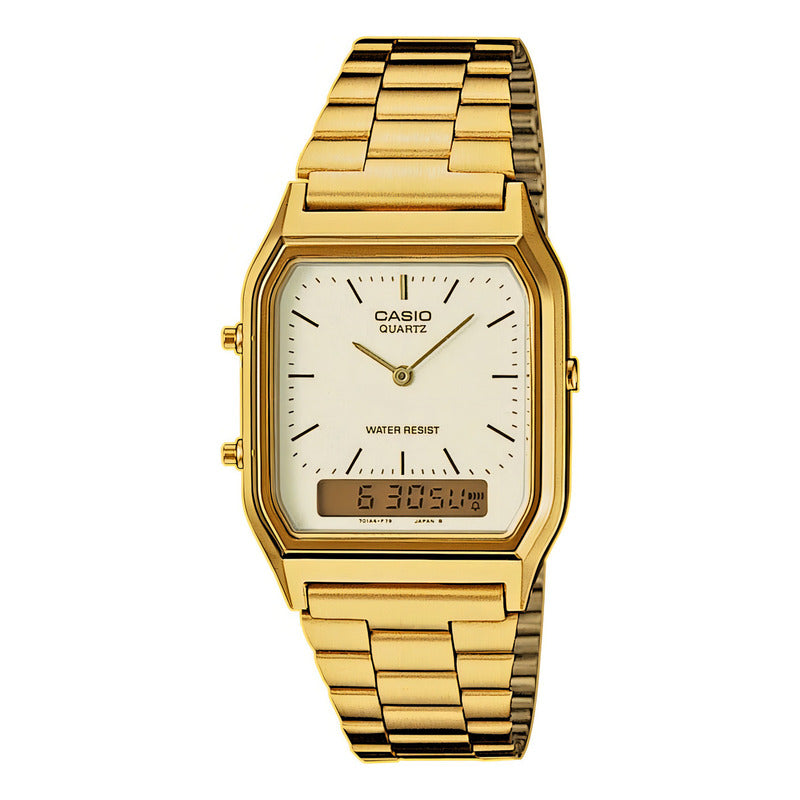 Reloj Pulsera Casio Aq-230 Con Correa De Acero Inoxidable Color Dorado - Fondo Blanco/dorado
