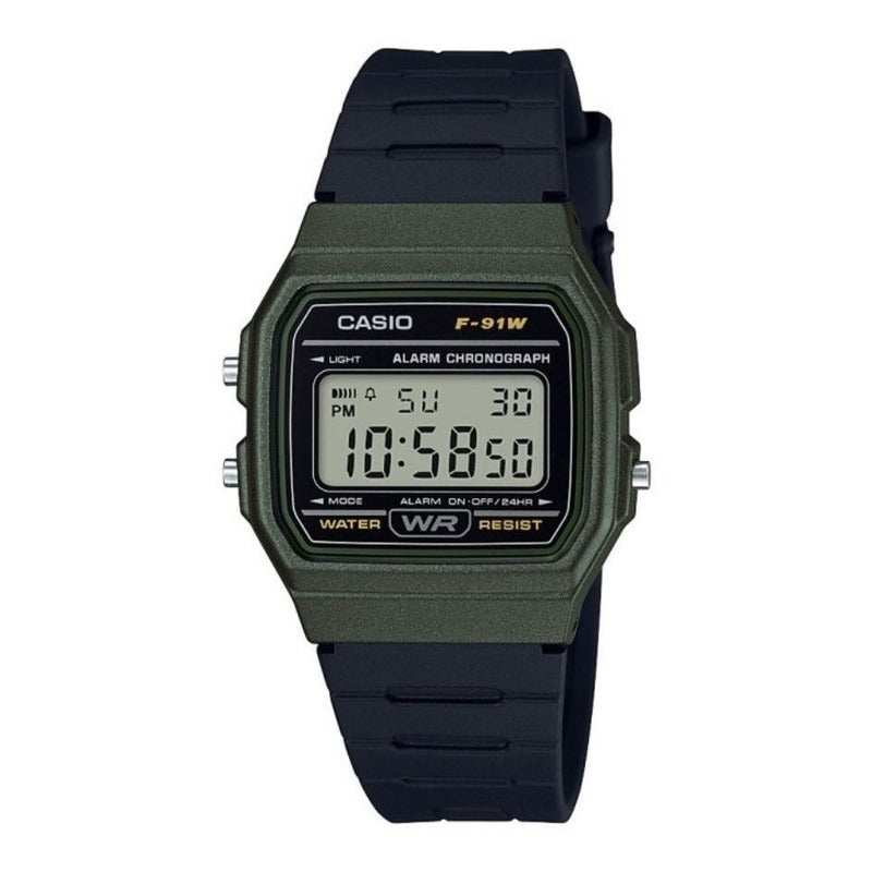 Reloj De Pulsera Casio Collection F-91wm-3a Relojesymas Negro Verde Gris