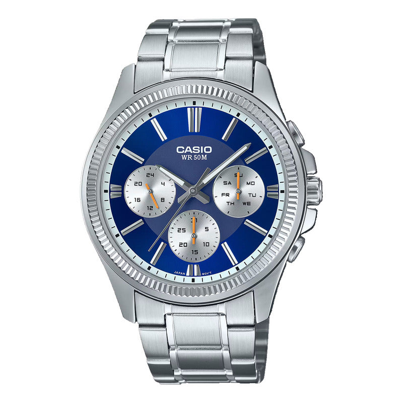 Reloj Casio Para Hombre Calendario Mtp-1375d-2a1v Original Plateado Azul