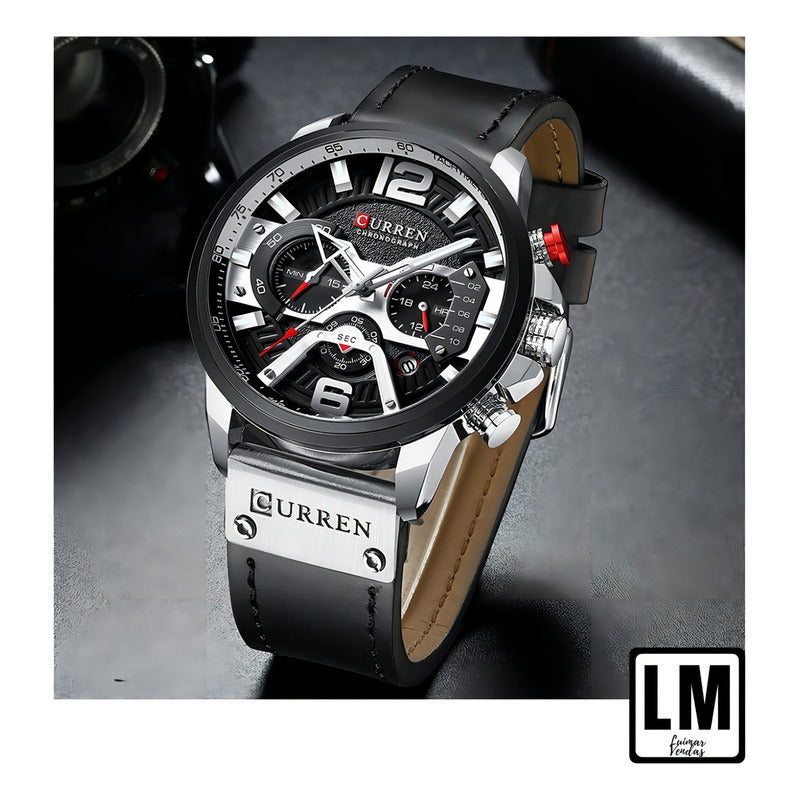 Reloj Pulsera Curren 8329 Con Correa De Cuero Color Negro - Bisel Negro/blanco