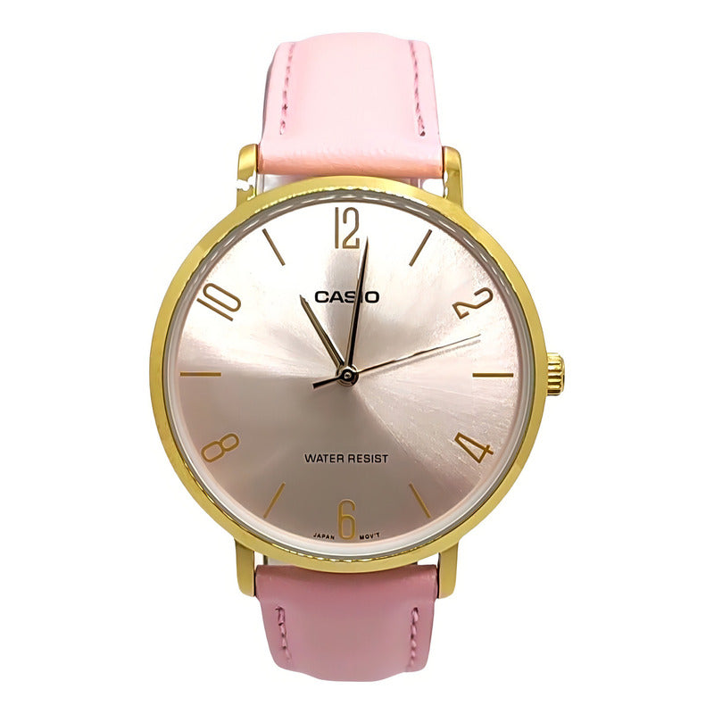 Reloj De Pulsera Casio Dress Ltp-vt01gl-4b De Cuerpo Color Dorado, Analógico, Para Mujer, Fondo Rosa, Con Correa De Cuero Color Rosa, Agujas Color Dorado, Dial Dorado, Bisel Color Dorado