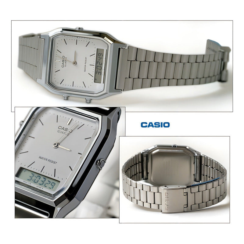 Reloj Pulsera Casio Aq-230 Con Correa De Acero Inoxidable Color Plateado - Fondo Blanco/gris - Bisel Gris