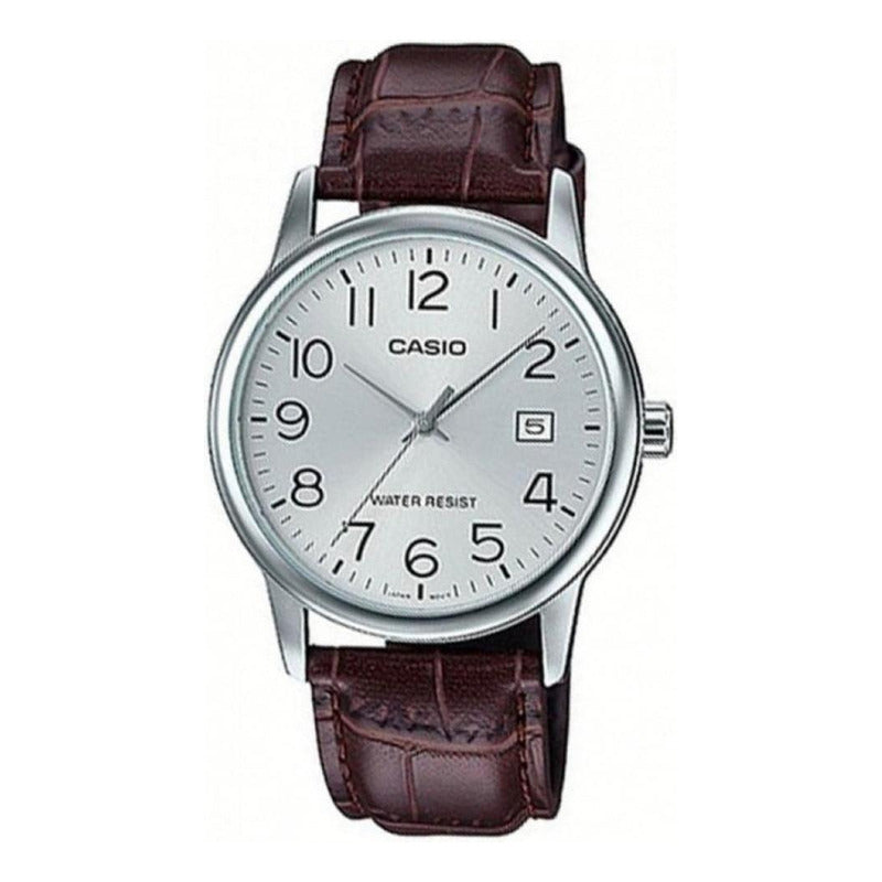 Reloj Pulsera Casio Mtp-v002l-7b2 Con Correa De Cuero Color Marrón - Fondo Plateado