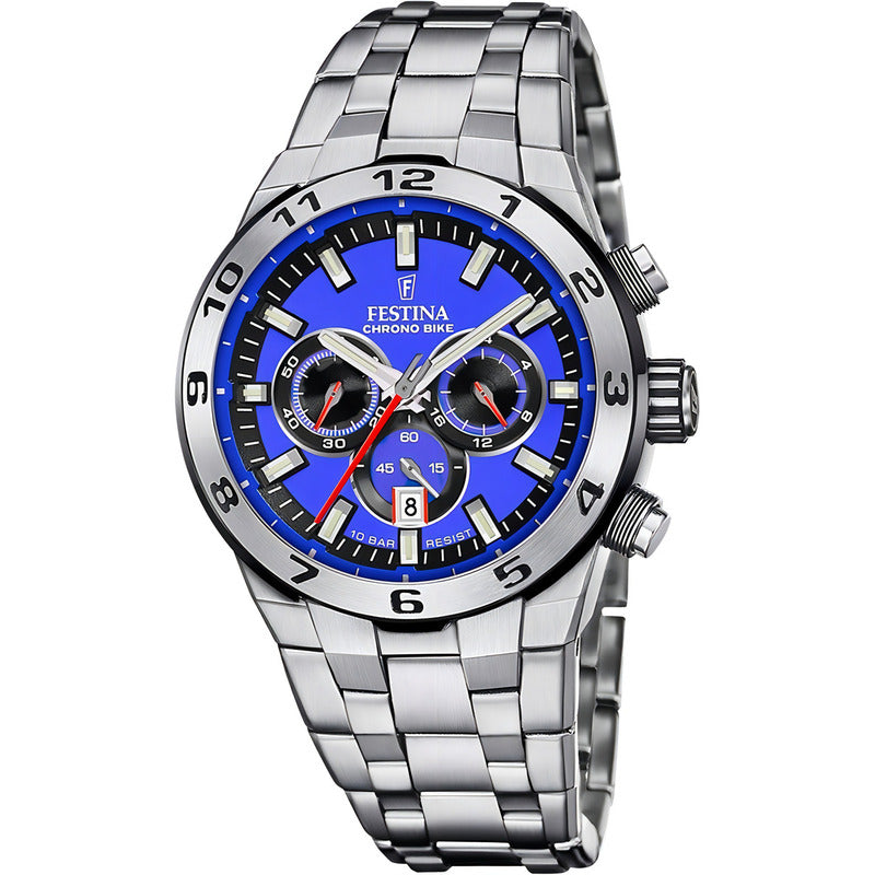 Reloj Festina Hombre Chrono Bike 2024 Azul Fecha F20670.3 Malla Plateado Bisel Plateado