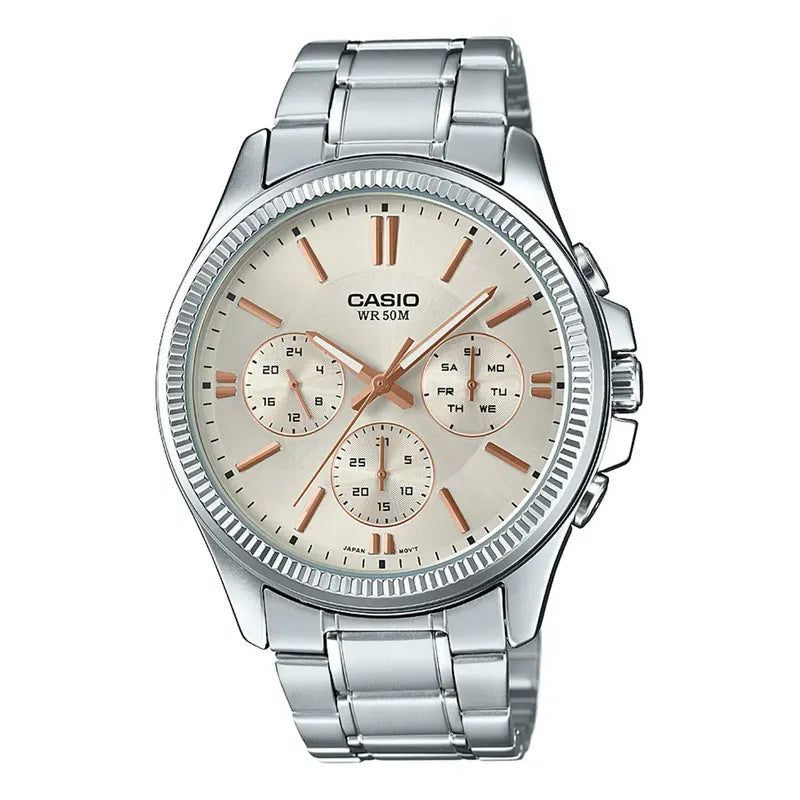 Reloj Casio Mtp-1375d-7a2vdf Para Hombre, De Acero Inoxidable, Con Cronógrafo Plateado Beige