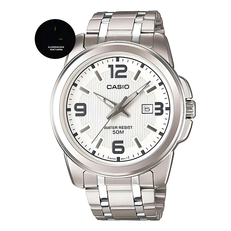 Reloj Pulsera Casio Mtp-1314d-7a Con Correa De Acero Inoxidable Color Plateado Fondo Blanco