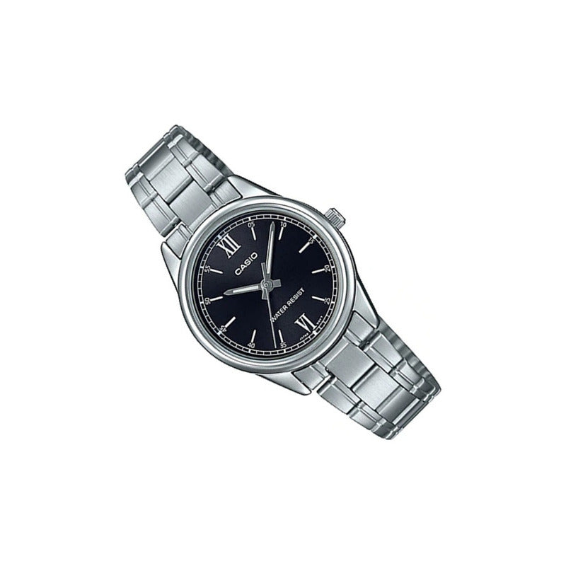 Reloj Casio Dress Ltp-v005d-1b2 Dama, Acero Inoxidable, Color Del Fondo Negro Con Numeros Romanos, Color De La Correa Plateado, Color Del Bisel Plateado.