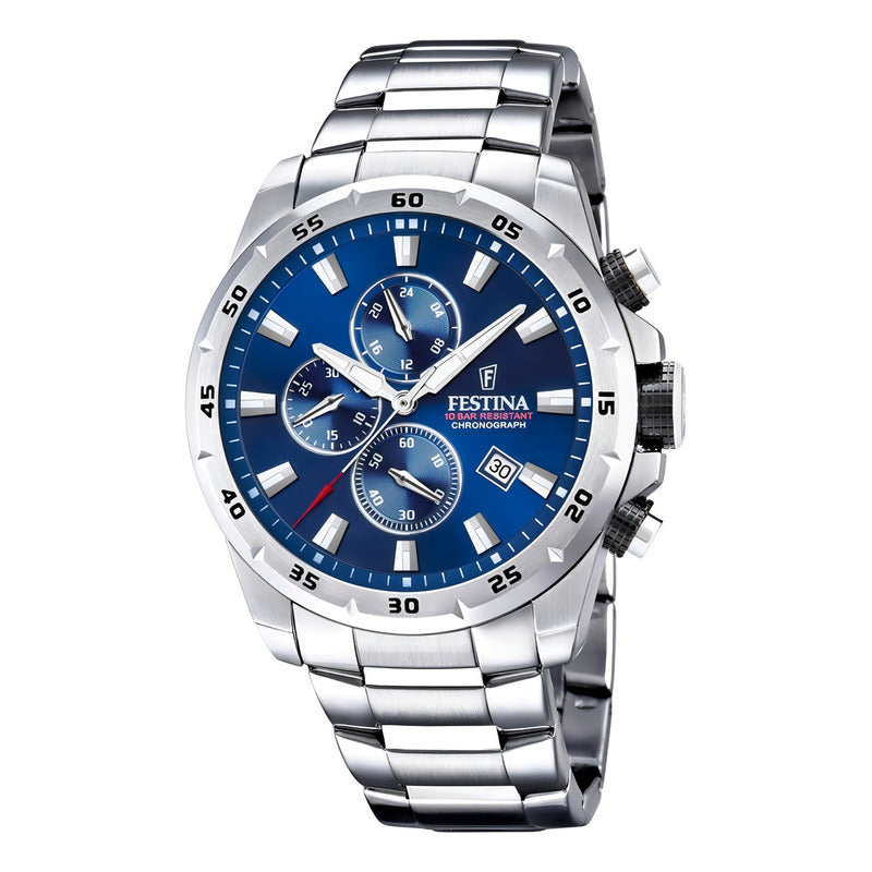 Reloj Pulsera Festina F20463 Con Correa De Acero Inoxidable Color Plateado - Fondo Azul
