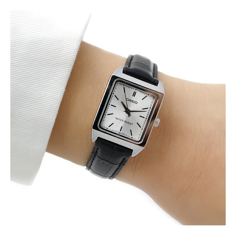 Reloj Casio Modelo Ltp-v007l-7e1 Negro Caratula Blanca Plateado