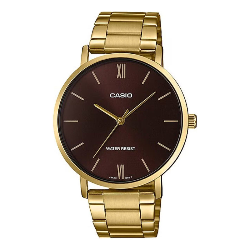 Reloj Hombre Casio Metal Mtp-vt01g-5b Original Dorado Marrón Oscuro