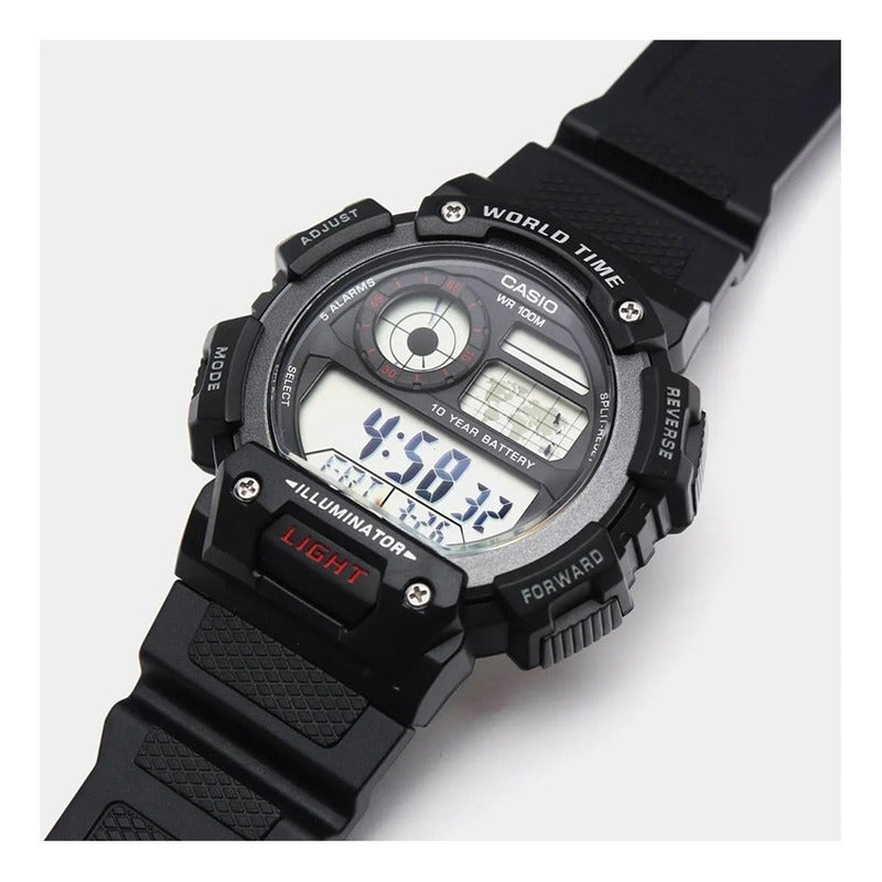 Reloj Casio Hombre Ae-1400wh-1a Digital Mapa Mundi100% Original Color De La Correa Negro