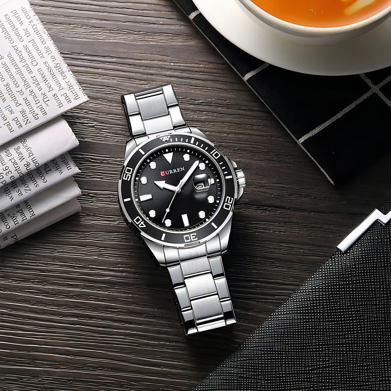 Relojes De Negocios Luminosos Curren 8388 Calendar Bisel Plata Negro