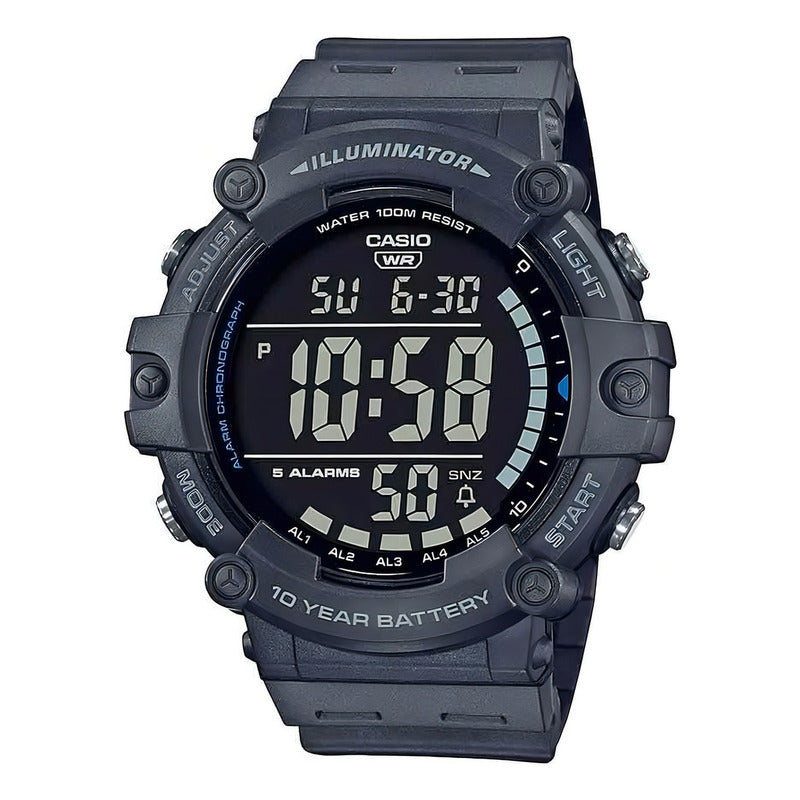 Reloj Casio Ae-1500wh-8bvdf Con Iluminación Digital Para Hombre, Correa Negra, Bisel Negro, Fondo Negro