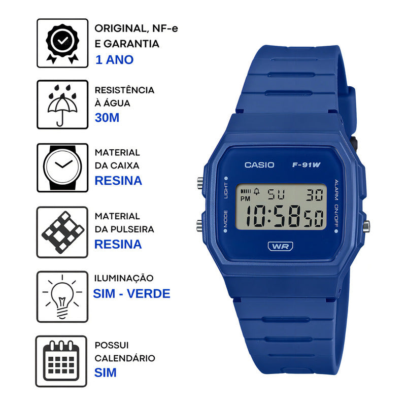 Reloj Unisex Casio F-91wb-2a1df Core Mens Correa Azul Bisel Azul Fondo Azul