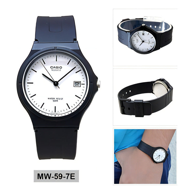 Reloj Casio Mw-59-7e Hombre Original Color De La Correa Negro Color Del Fondo Blanco