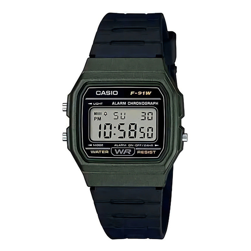 Reloj De Pulsera Casio Collection F-91wm-3a De Cuerpo Color Verde, Digital, Para Hombre, Fondo Gris, Con Correa De Resina Color Negro, Dial Negro, Bisel Color Verde Y Hebilla