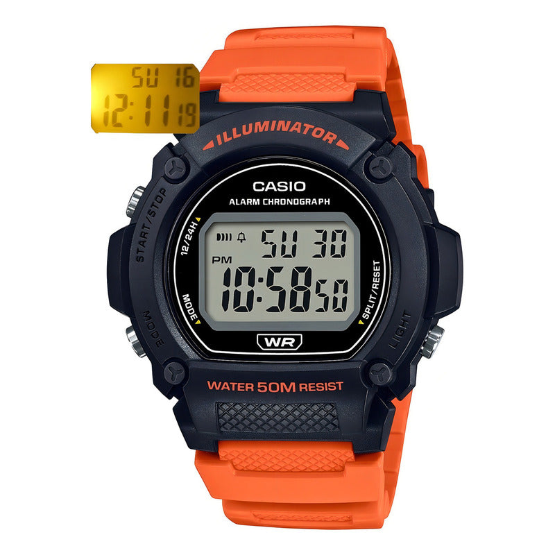 Reloj Casio W-219h-4a Naranja Wr 50m Cronometro Alarma Sumergible Negro