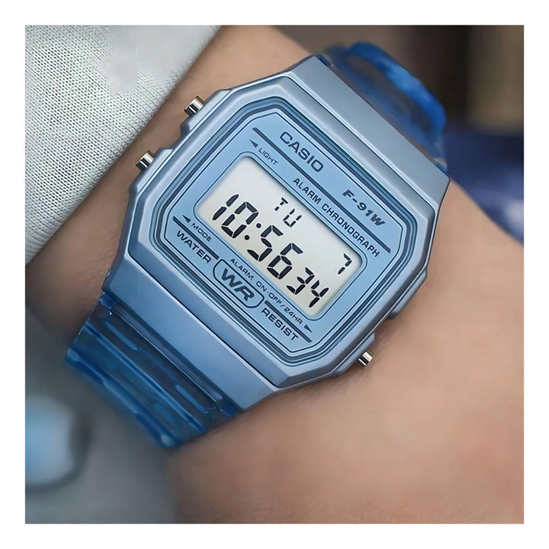 Reloj Casio Collection F-91ws-2 Color Celeste Transparente/celeste Gris