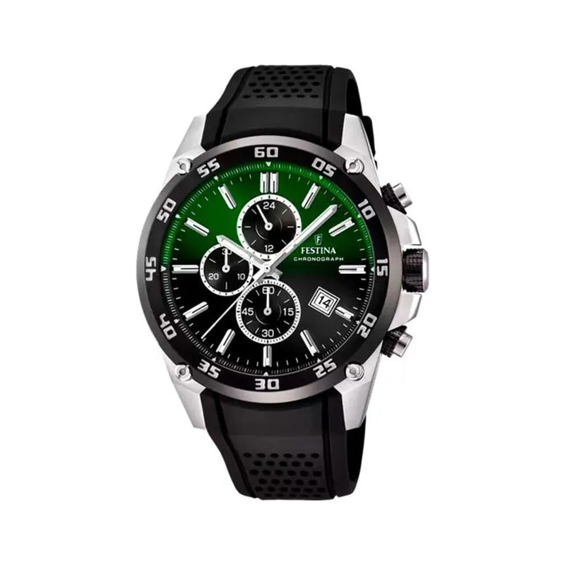 Reloj Festina Hombre Chronograph Caucho Verde 100m F20330.b Malla Negro Bisel Negro Fondo Verde/negro