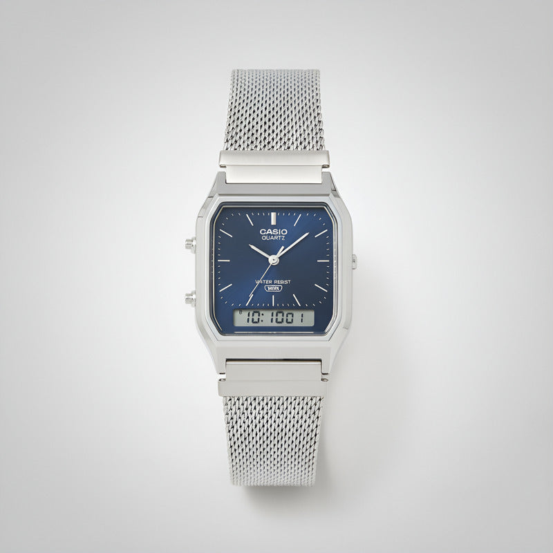 Reloj Casio Aq-230em-7acf Analógico Digital De Acero Inoxidable Con Fondo Azul Plateado