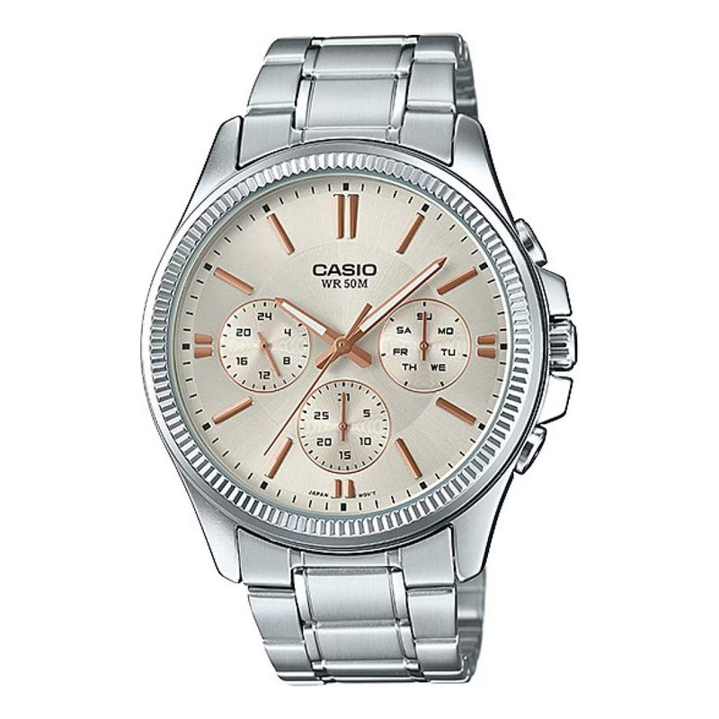 Reloj Casio Para Hombre Calendario Mtp-1375d-7a2 Original Plateado Beige