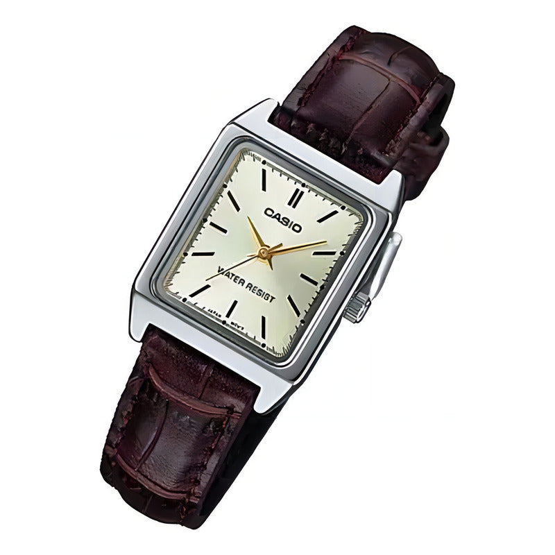 Reloj Pulsera Casio Ltp-v007l Plateado, Analógico, Para Mujer, Fondo Gris, Con Correa De Cuero Marrón, Agujas Doradas, Dial Negro, Minutero Negro, Bisel Color Plateado Y Hebilla Simple