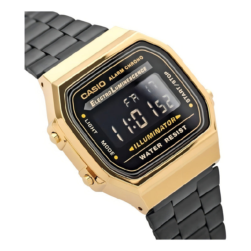 Reloj Pulsera Digital Casio A-168wegb-1b Con Correa De Acero Inoxidable Color Negro - Bisel Dorado