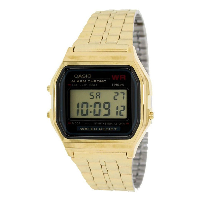 Reloj De Pulsera Casio Vintage A-159wgea-1 De Cuerpo Color Dorado, Digital, Fondo Negro, Con Correa De Acero Inoxidable Color Dorado, Dial Negro, Minutero/segundero Negro, Bisel Color Dorado.