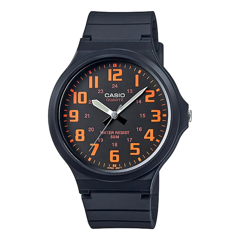 Reloj De Pulsera Casio Youth Mw-240-4bv Con Cuerpo Negro, Analógico, Para Hombre, Negro Deshecho, Con Correa De Resina Negra, Subesferas Naranjas, Manecilla Del Bisel Y Hebilla Negras.