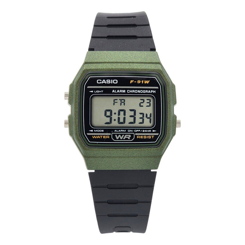 Reloj De Pulsera Casio Collection F-91wm-3a De Cuerpo Color Verde, Digital, Para Hombre, Fondo Gris, Con Correa De Resina Color Negro, Dial Negro, Bisel Color Verde Y Hebilla