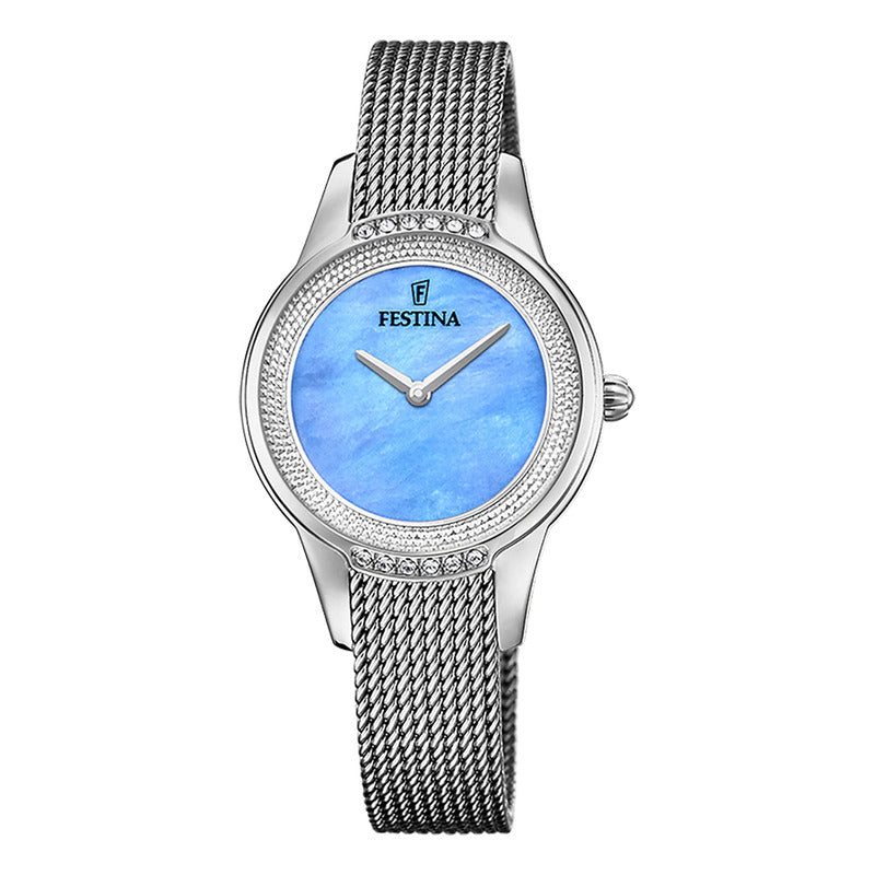 Reloj Festina Mademoiselle Para Mujer Con Malla Y Bisel Plateados, Fondo Celeste Plateado