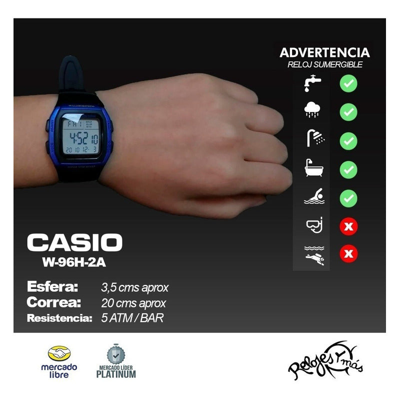 Reloj Casio Hombre W-96h-2a Sumergible Original Negro Azul Gris Oscuro